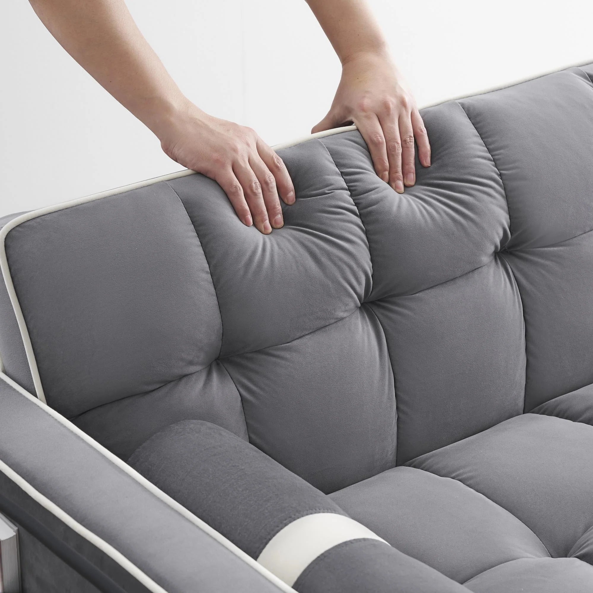 3 in 1 Sleeper Sofa Couch Bed,Small Tufted Velvet Convertible Loveseat Futon Sofa w/Pullout Bed,Adjustable Backrest,Cylinder Pillows,Multi-Pockets,Phone Holder for Living Room Apartment,Grey,55.5"