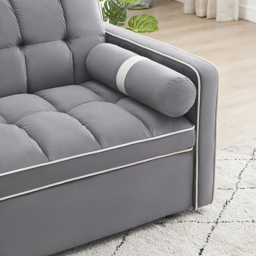 3 in 1 Sleeper Sofa Couch Bed,Small Tufted Velvet Convertible Loveseat Futon Sofa w/Pullout Bed,Adjustable Backrest,Cylinder Pillows,Multi-Pockets,Phone Holder for Living Room Apartment,Grey,55.5"