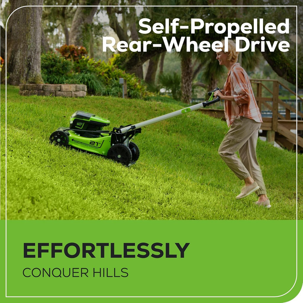Greenworks 60V 21” Cordless (Self-Propelled) Lawn Mower , 2 x 4.0Ah Batteries and Dual Port Rapid Charger