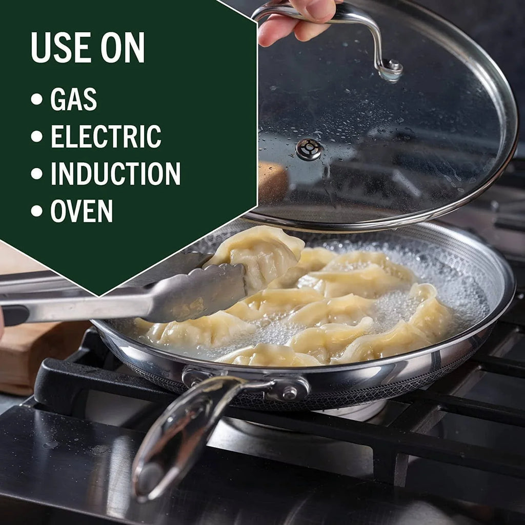 HexClad 6 Piece Hybrid Stainless Steel Cookware Pan Set 8 inch, 10 inch, 12 inch with Glass Lids, Size: One size, Black