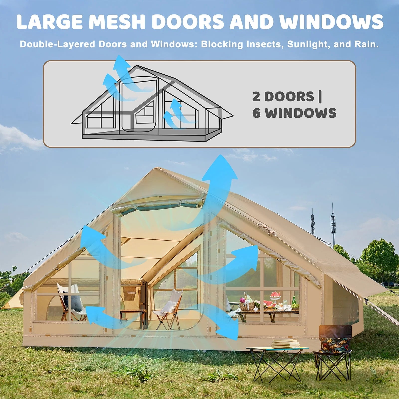 6 Person Inflatable Camping Tent with Pump, 10ft x7ft Glamping Family Tent Easy Setup 4 Season Waterproof Windproof Outdoor Blow Up Tent Luxury Oxford Cabin with Mesh Windows & Doors  sgtnighsdesigns