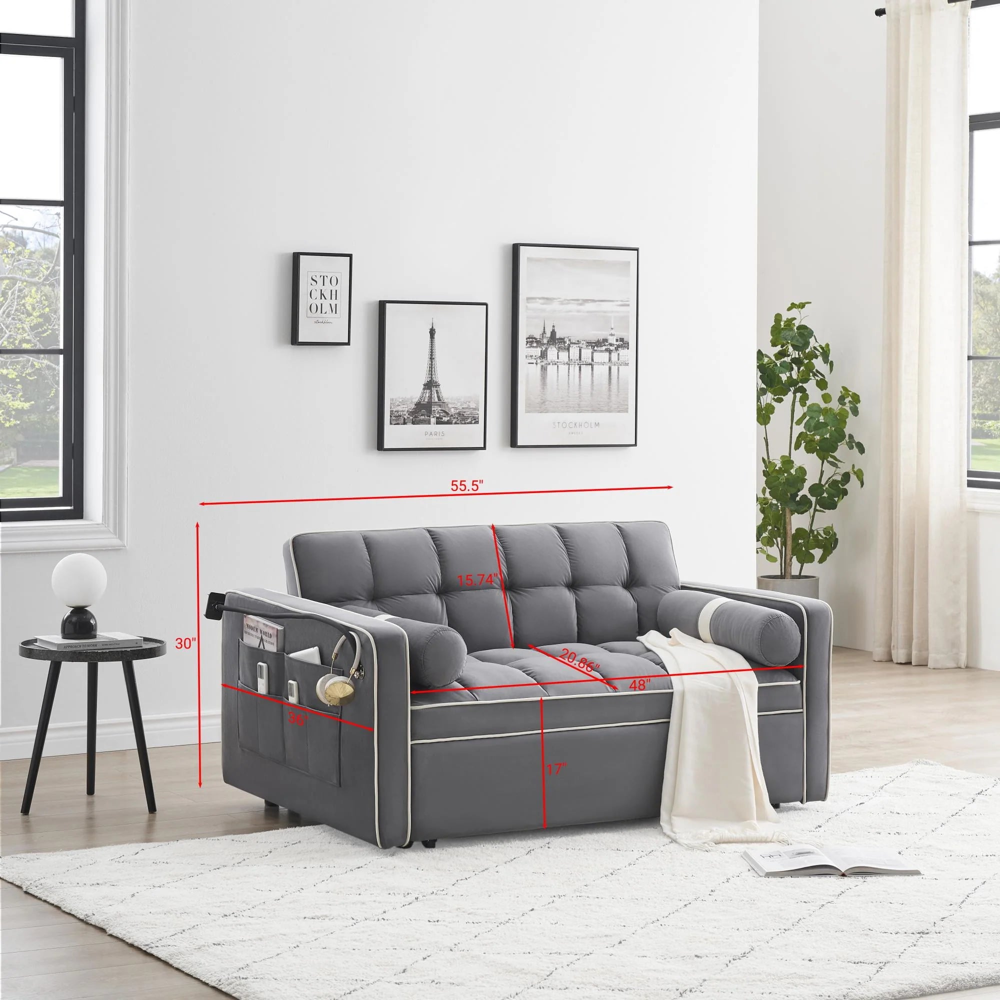 3 in 1 Sleeper Sofa Couch Bed,Small Tufted Velvet Convertible Loveseat Futon Sofa w/Pullout Bed,Adjustable Backrest,Cylinder Pillows,Multi-Pockets,Phone Holder for Living Room Apartment,Grey,55.5"