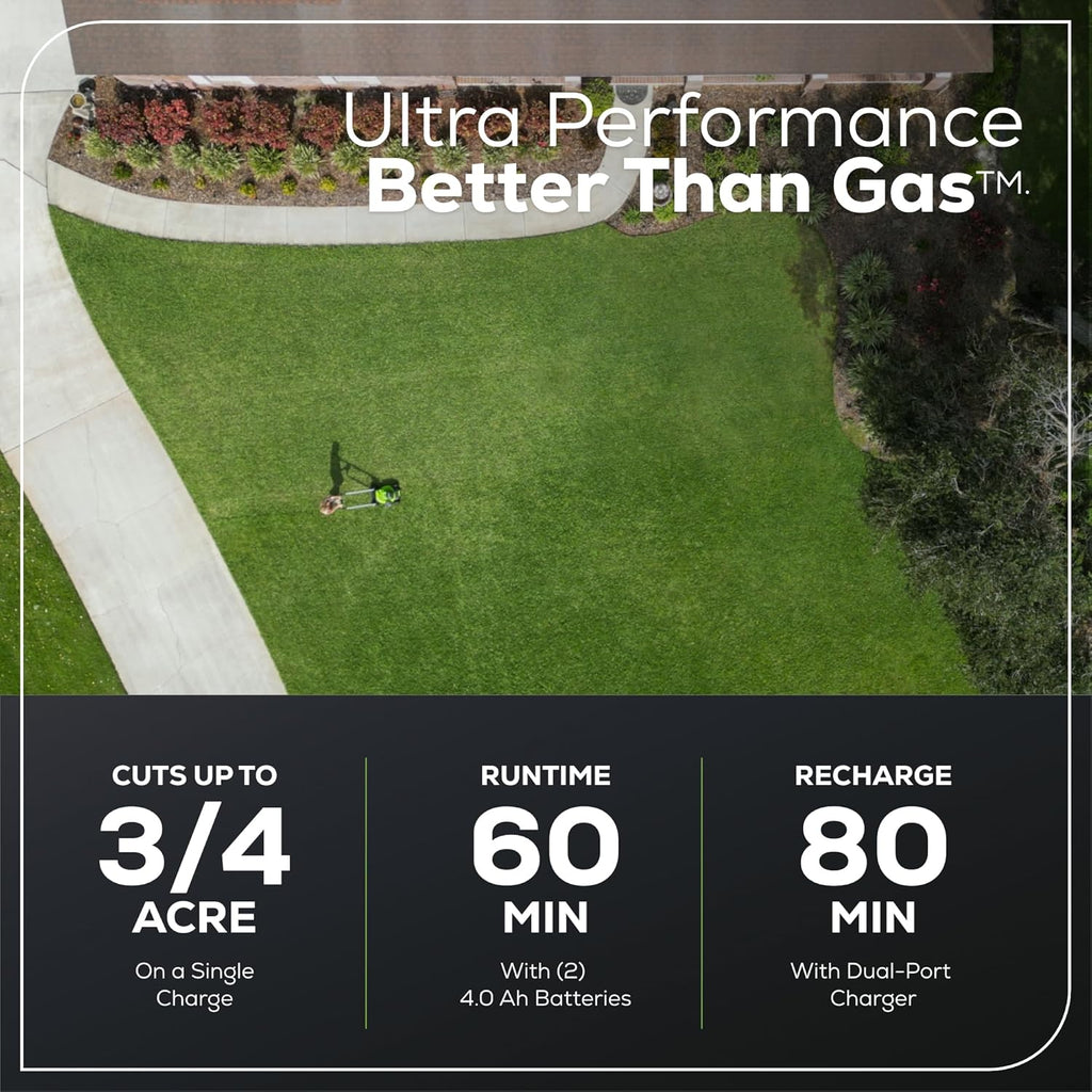 Greenworks 60V 21” Cordless (Self-Propelled) Lawn Mower , 2 x 4.0Ah Batteries and Dual Port Rapid Charger