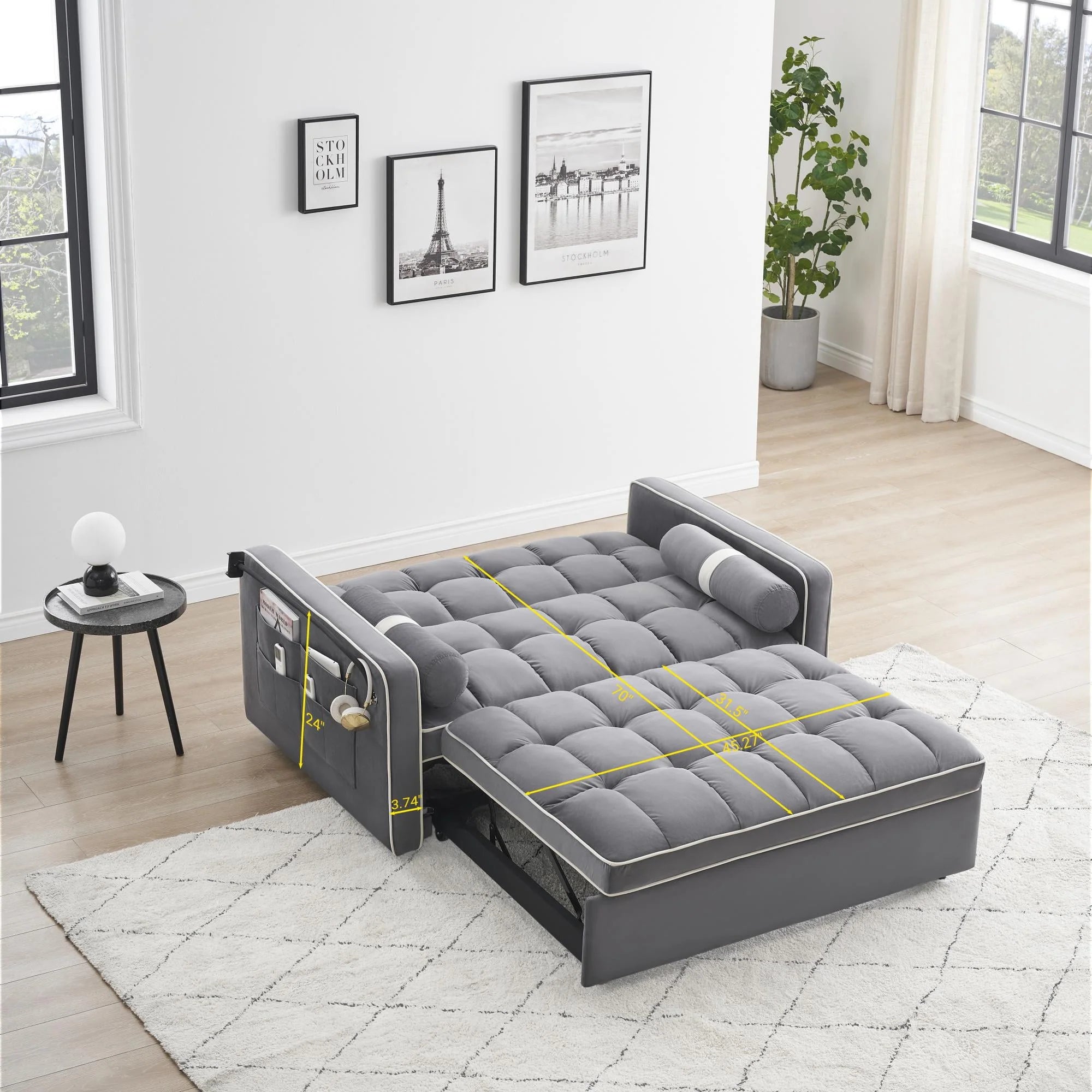3 in 1 Sleeper Sofa Couch Bed,Small Tufted Velvet Convertible Loveseat Futon Sofa w/Pullout Bed,Adjustable Backrest,Cylinder Pillows,Multi-Pockets,Phone Holder for Living Room Apartment,Grey,55.5"