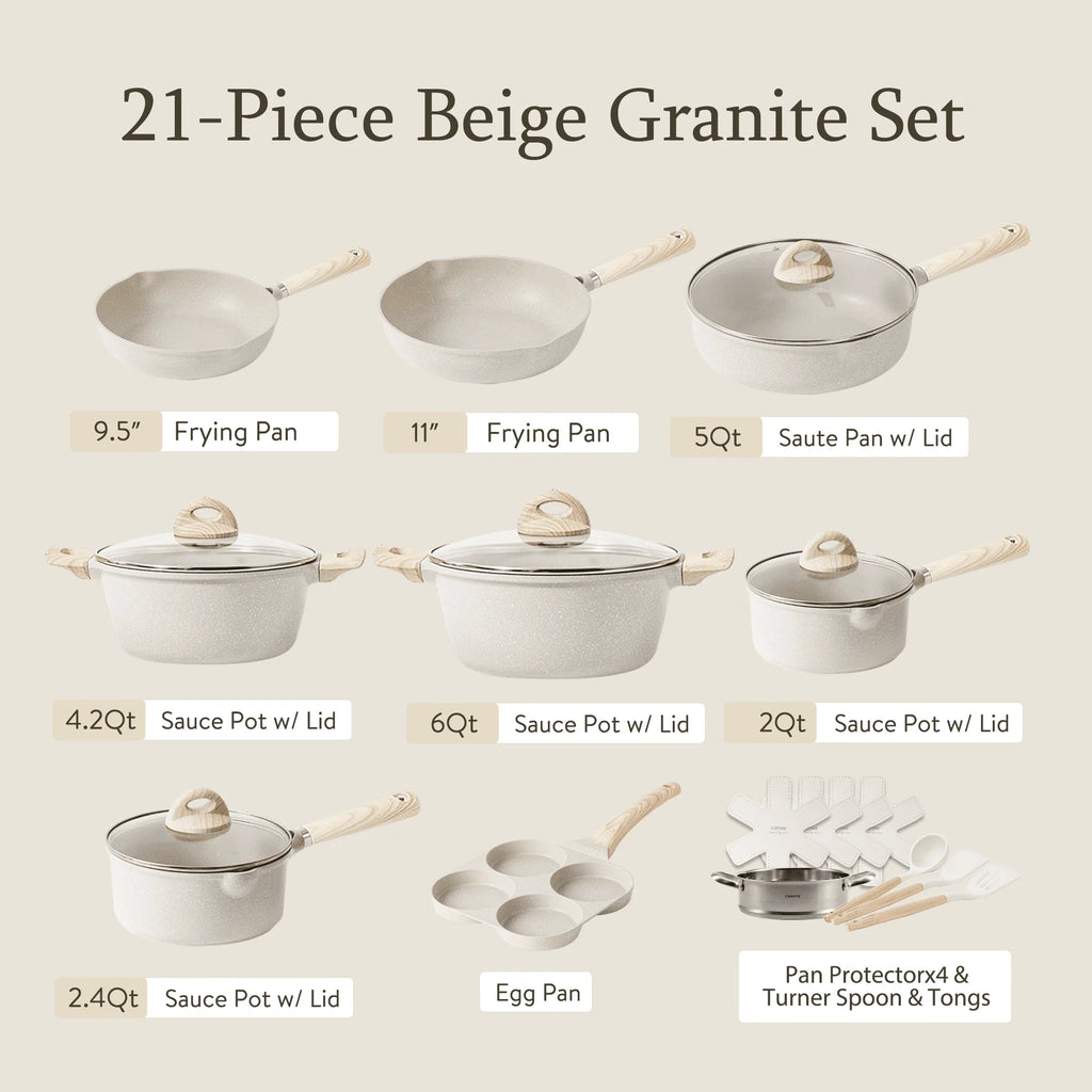 Carote Non Stick Pots and Pans Set, 21 Pcs Induction Kitchen Cookware Sets (Beige Granite)