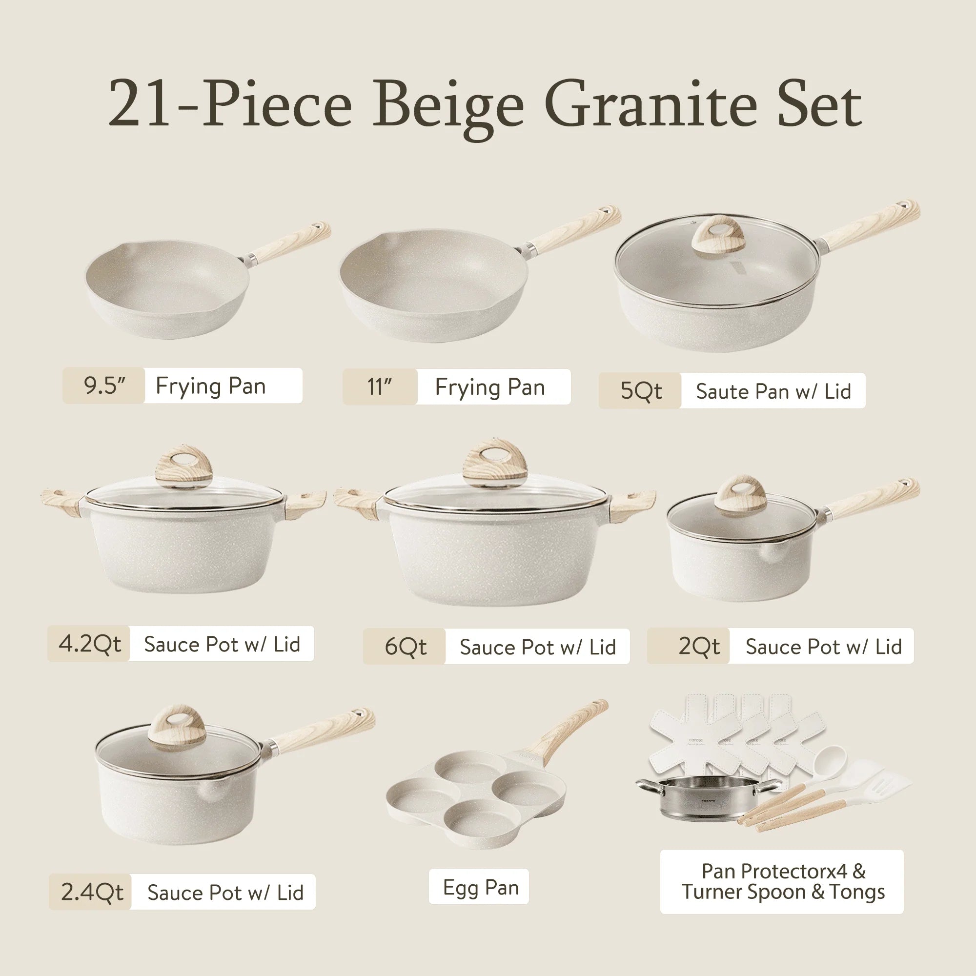 Carote Non Stick Pots and Pans Set, 21 Pcs Induction Kitchen Cookware Sets (Beige Granite)